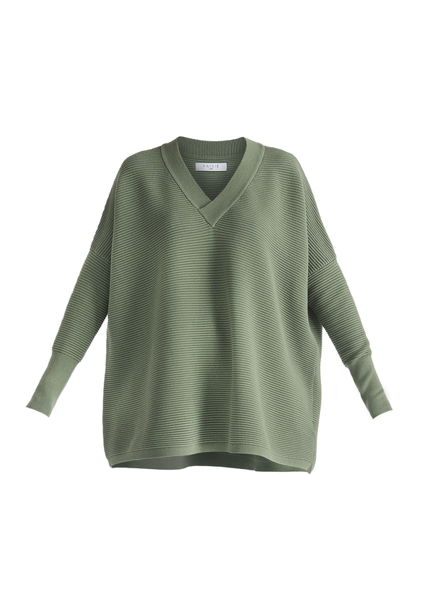 Paisie V-Neck Ribbed Jumper in Sage Green Cut Out